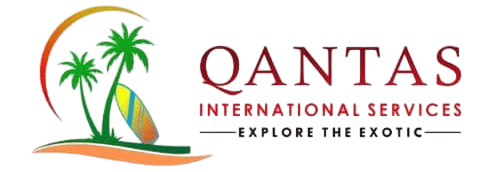 Qantas International Services logo featuring two palm trees, a surfboard, and a colorful sunset arc.